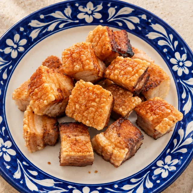 Crispy pork belly cubes on a blue and white plate