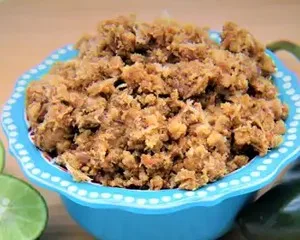 Ground fried pork in a blue bowl