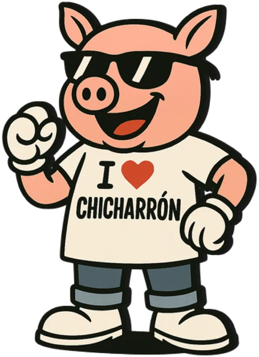 Our pig mascot in sunglasses and an I love chicharrón t-shirt