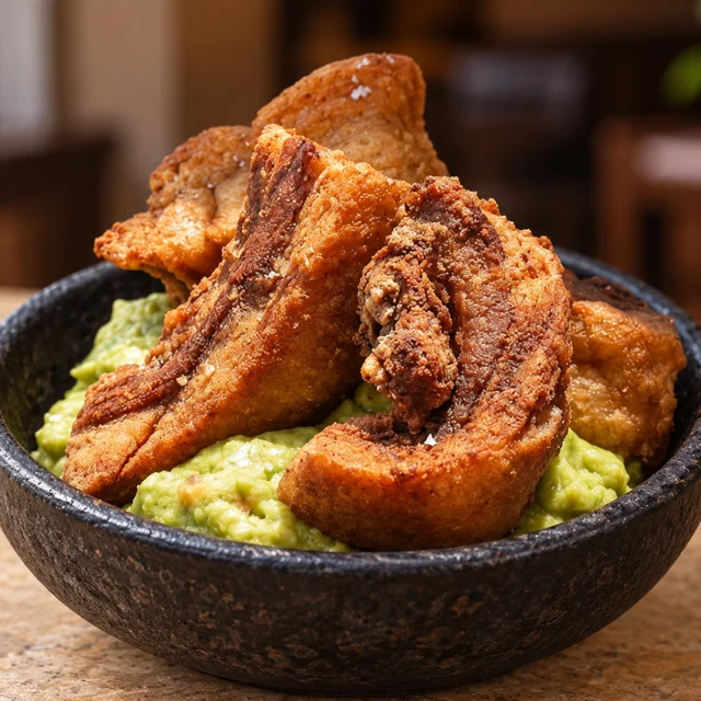 Chicharrón regio over guacamole in a stone bowl